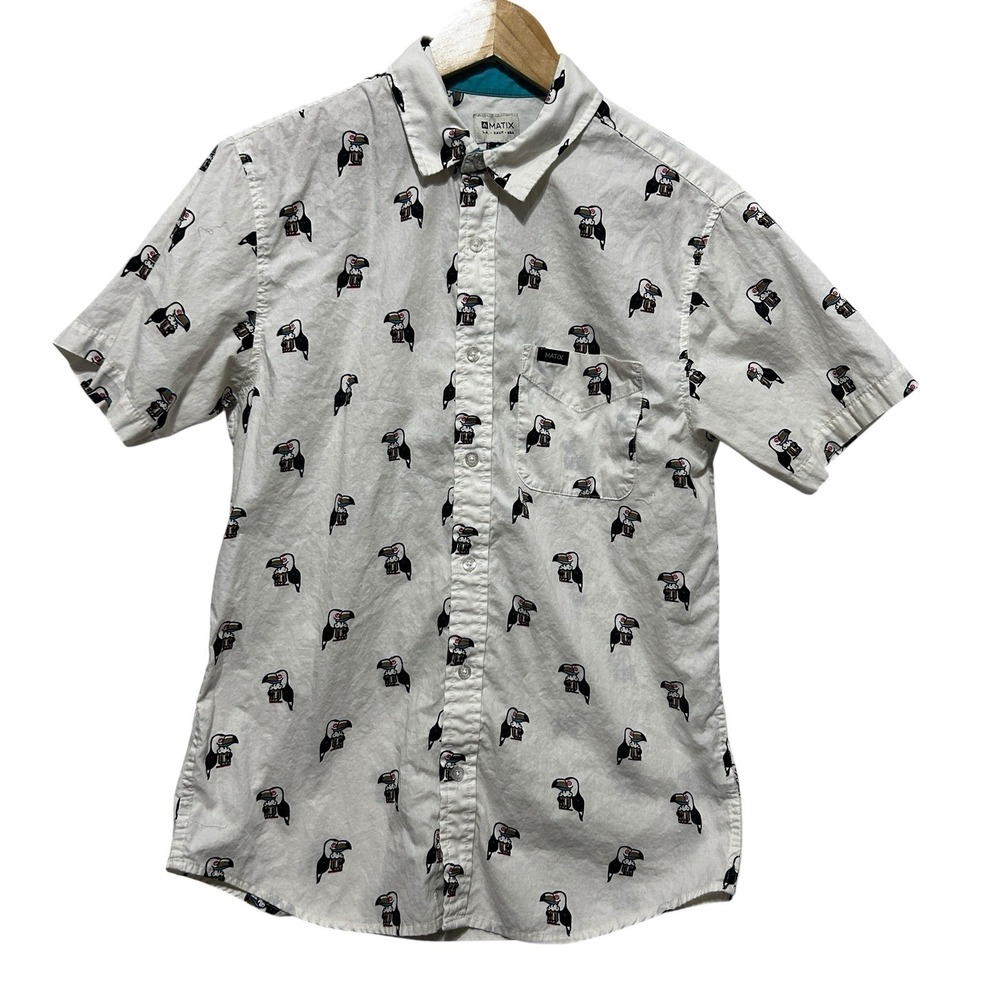 Matix Mens‎ Button Down Shirt S White Toucan Print Casual Summer Skater Surf